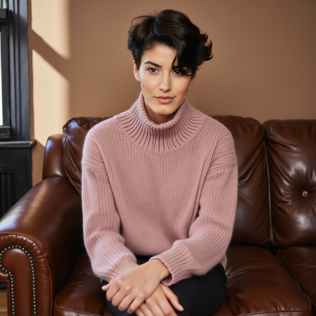 Hand-knitted oversized unisex Scandinavian sweater in dusty rose, made from 100% luxurious Peruvian baby alpaca wool, featuring a smooth chunky knit, turtleneck, and ribbed cuffs, collar, and hem, perfect for a cozy, elegant look.