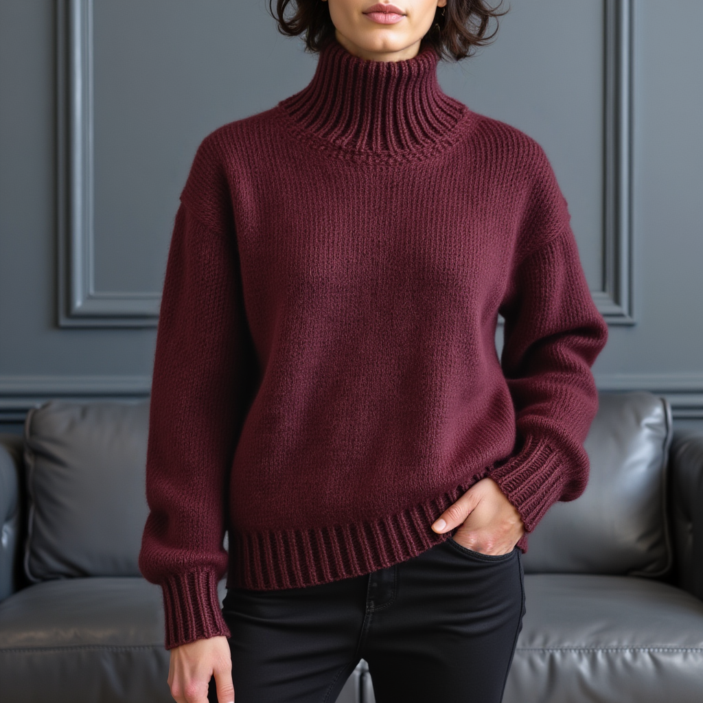 Hand-knitted oversized unisex Scandinavian sweater in vine red, made from 100% luxurious Peruvian baby alpaca wool, featuring a smooth chunky knit, turtleneck, and ribbed cuffs, collar, and hem, perfect for a cozy, elegant look.