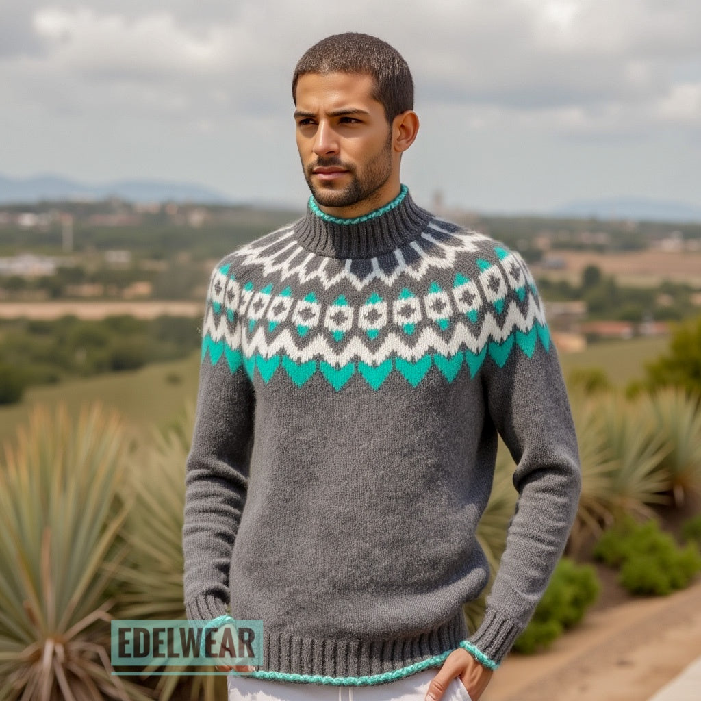 Hand-knitted beige-gray unisex Scandinavian Lopapeysa sweater with a thick-knit white and teal green Nordic round yoke, featuring a double mock collar, cuffs, and hem with a two-tone white-teal knitted cord, made from soft hypoallergenic baby alpaca and merino wool.