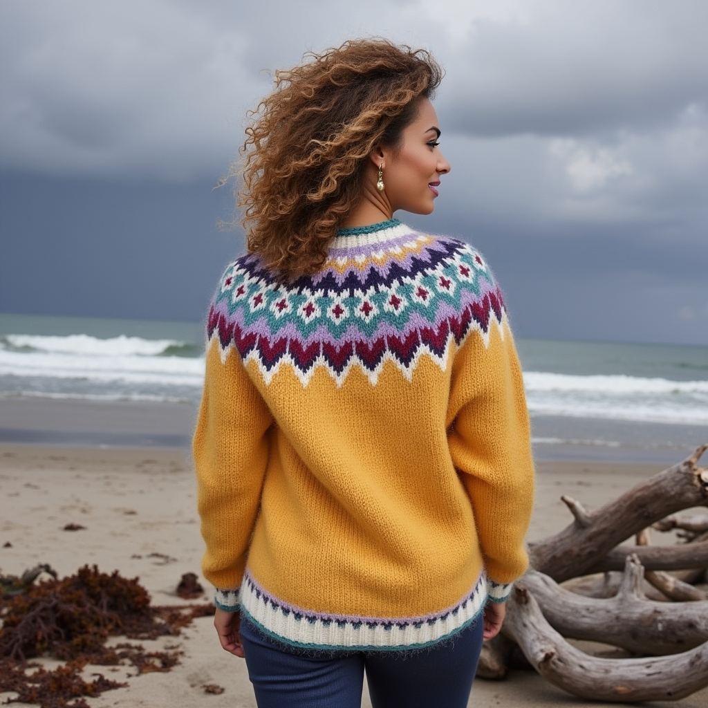 Woman wearing a colorful sweater on a beach with waves and sky in the background