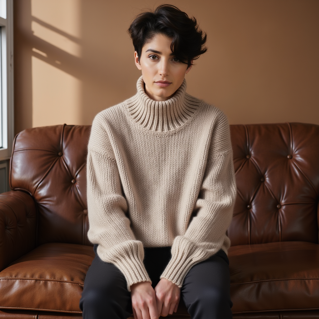 Hand-knitted oversized unisex Scandinavian sweater in beige, made from 100% luxurious Peruvian baby alpaca wool, featuring a smooth chunky knit, turtleneck, and ribbed cuffs, collar, and hem, perfect for a cozy, elegant look.