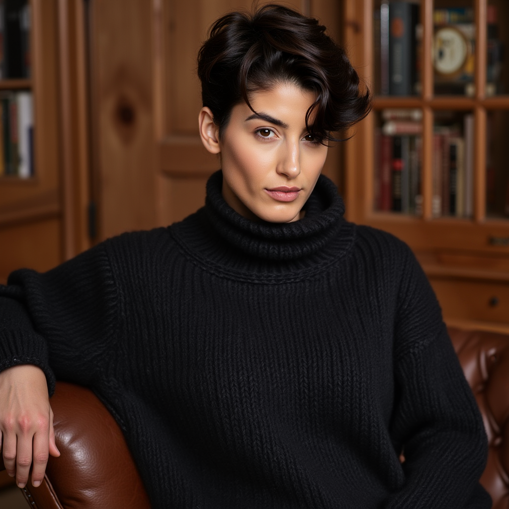 Hand-knitted oversized unisex Scandinavian sweater in black, made from 100% luxurious Peruvian baby alpaca wool, featuring a smooth chunky knit, turtleneck, and ribbed cuffs, collar, and hem, perfect for a cozy, elegant look.
