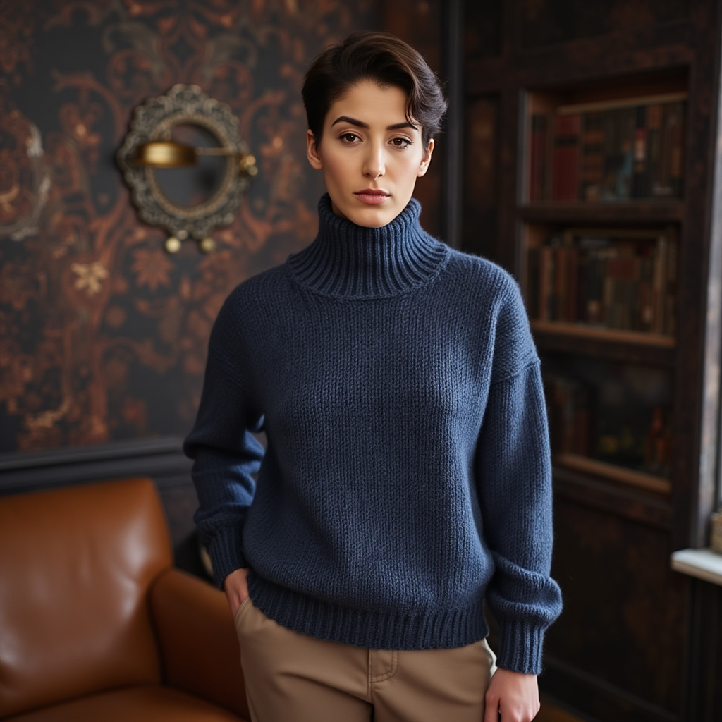 Hand-knitted oversized unisex Scandinavian sweater in navy, made from 100% luxurious Peruvian baby alpaca wool, featuring a smooth chunky knit, turtleneck, and ribbed cuffs, collar, and hem, perfect for a cozy, elegant look.