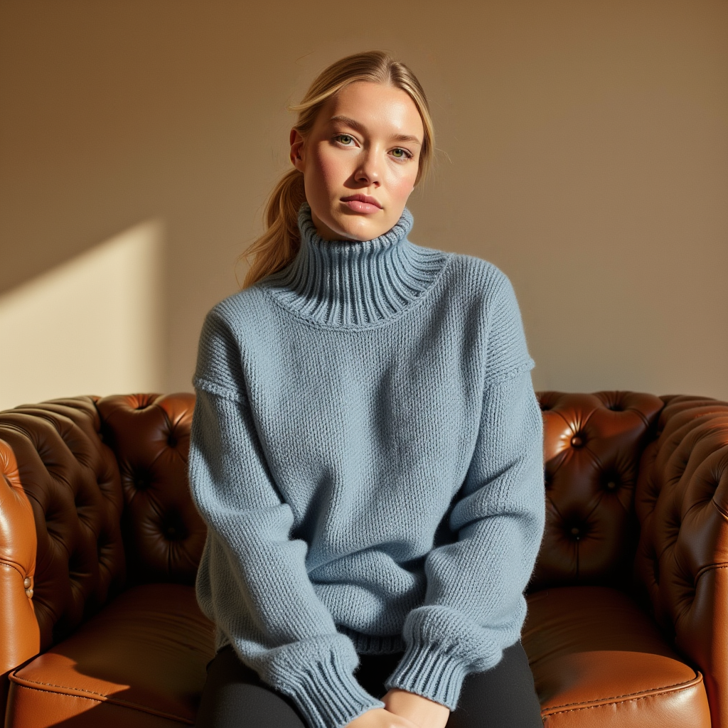 Hand-knitted oversized unisex Scandinavian sweater in denim blue, made from 100% luxurious Peruvian baby alpaca wool, featuring a smooth chunky knit, turtleneck, and ribbed cuffs, collar, and hem, perfect for a cozy, elegant look.