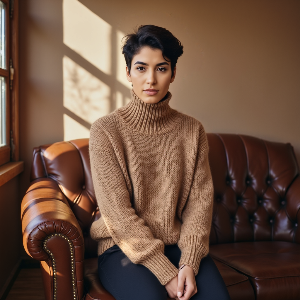 Hand-knitted oversized unisex Scandinavian sweater in camel, made from 100% luxurious Peruvian baby alpaca wool, featuring a smooth chunky knit, turtleneck, and ribbed cuffs, collar, and hem, perfect for a cozy, elegant look.