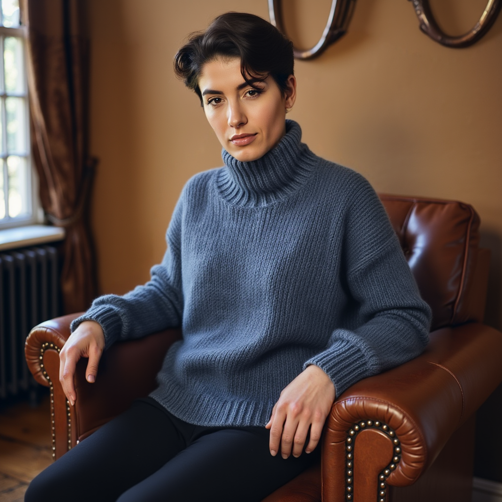 Hand-knitted oversized unisex Scandinavian sweater in blue, made from 100% luxurious Peruvian baby alpaca wool, featuring a smooth chunky knit, turtleneck, and ribbed cuffs, collar, and hem, perfect for a cozy, elegant look.