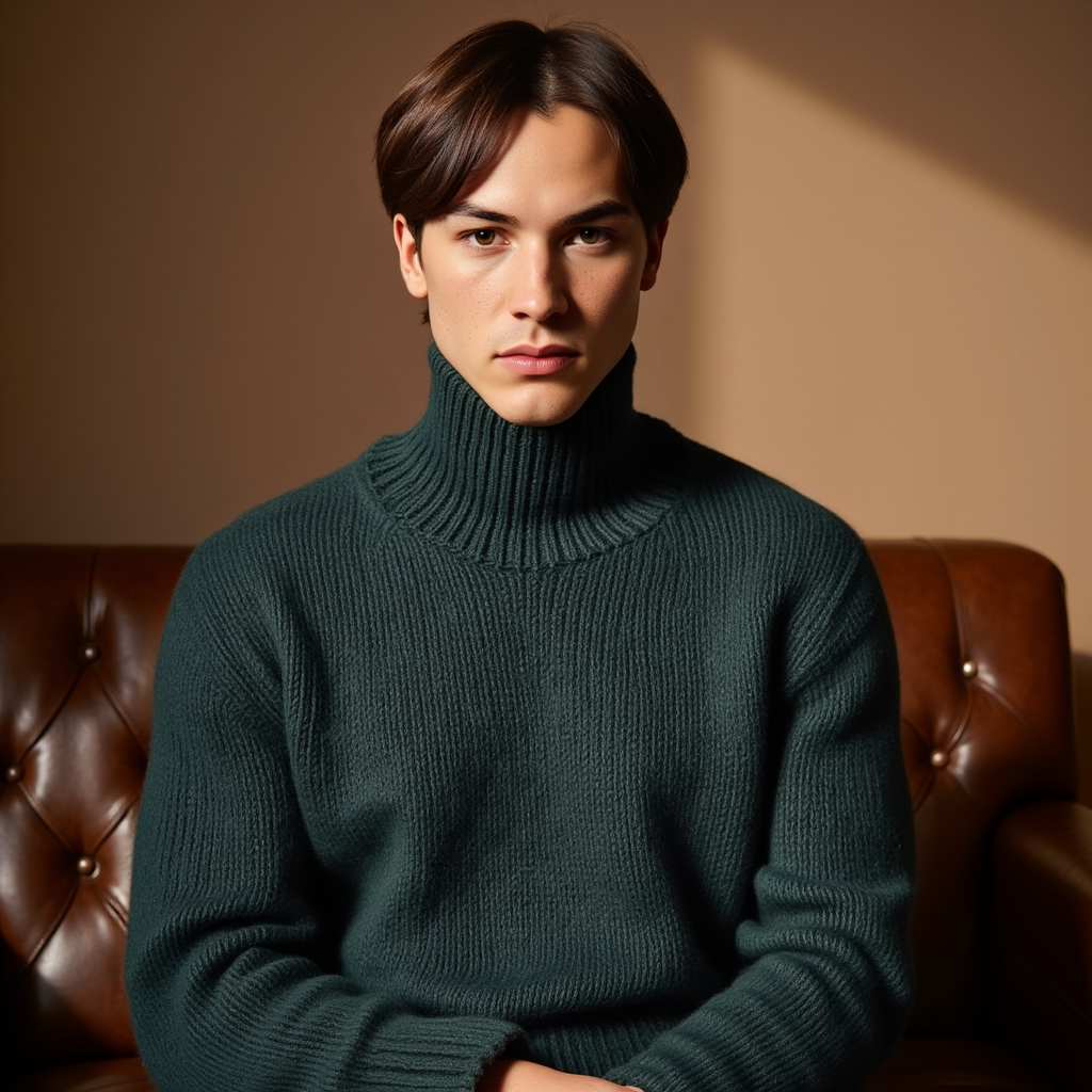Hand-knitted oversized unisex Scandinavian sweater in bottle green, made from 100% luxurious Peruvian baby alpaca wool, featuring a smooth chunky knit, turtleneck, and ribbed cuffs, collar, and hem, perfect for a cozy, elegant look.