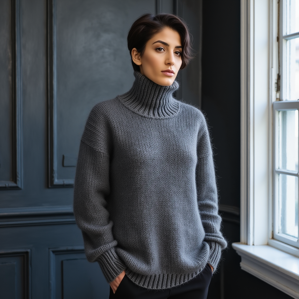 Hand-knitted oversized unisex Scandinavian sweater in gray, made from 100% luxurious Peruvian baby alpaca wool, featuring a smooth chunky knit, turtleneck, and ribbed cuffs, collar, and hem, perfect for a cozy, elegant look.