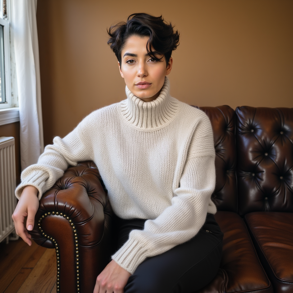 Hand-knitted oversized unisex Scandinavian sweater in natural white, made from 100% luxurious Peruvian baby alpaca wool, featuring a smooth chunky knit, turtleneck, and ribbed cuffs, collar, and hem, perfect for a cozy, elegant look.