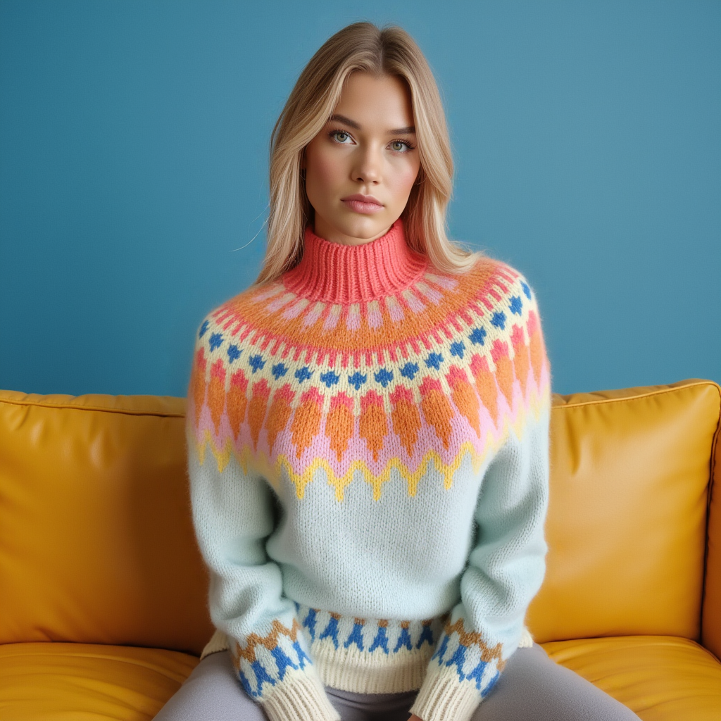 Hand-knitted light blue melange women’s Scandinavian Lopapeysa sweater with a colorful Nordic round yoke in yellow, pink, orange, bright coral, blue, and cream, featuring a coral mockneck ribbed collar, cream ribbed cuffs, and cream ribbed hem, made from soft hypoallergenic baby alpaca and merino wool.