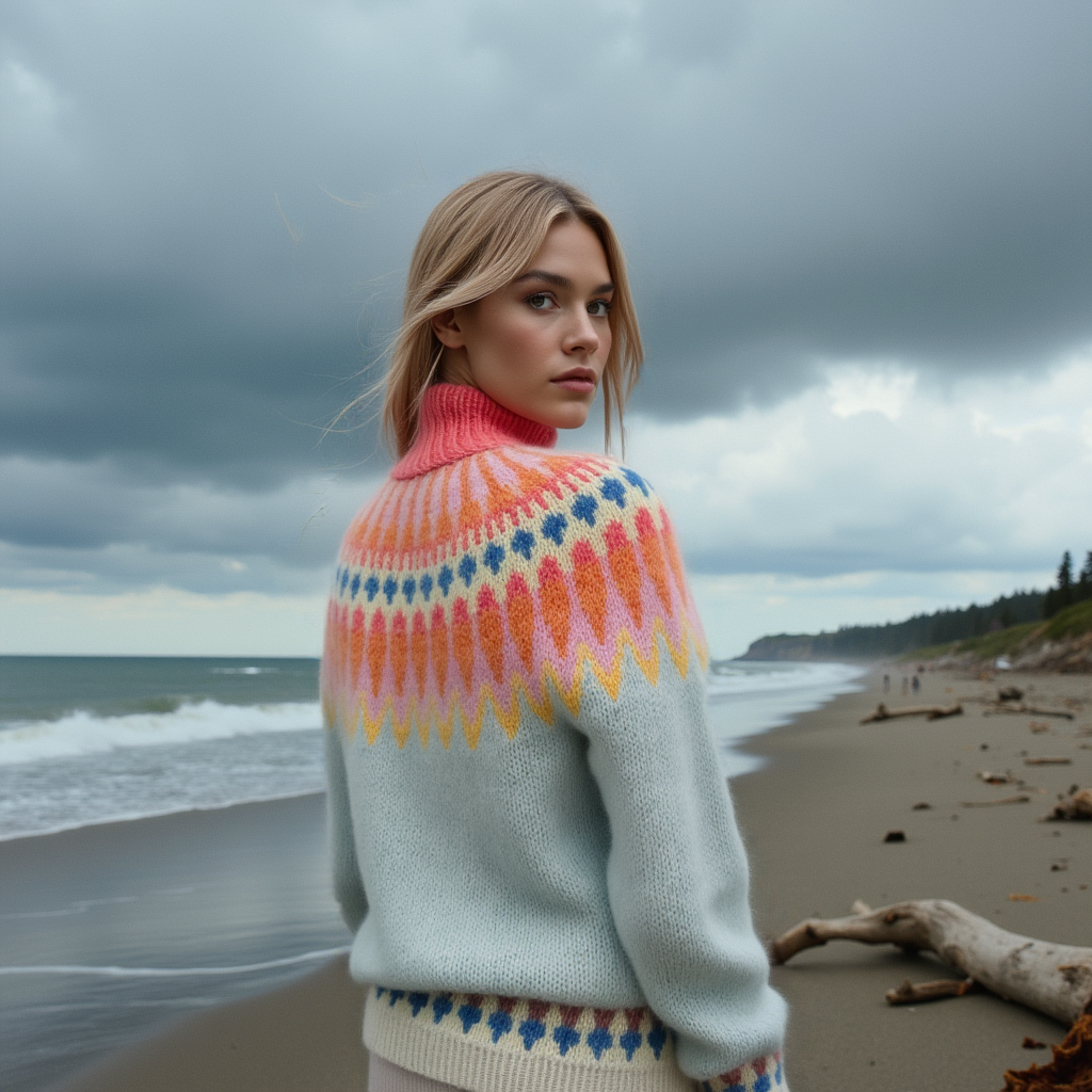 Hand-knitted light blue melange women’s Scandinavian Lopapeysa sweater with a colorful Nordic round yoke in yellow, pink, orange, bright coral, blue, and cream, featuring a coral mockneck ribbed collar, cream ribbed cuffs, and cream ribbed hem, made from soft hypoallergenic baby alpaca and merino wool.