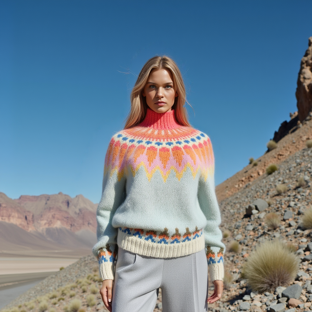 Hand-knitted light blue melange women’s Scandinavian Lopapeysa sweater with a colorful Nordic round yoke in yellow, pink, orange, bright coral, blue, and cream, featuring a coral mockneck ribbed collar, cream ribbed cuffs, and cream ribbed hem, made from soft hypoallergenic baby alpaca and merino wool.