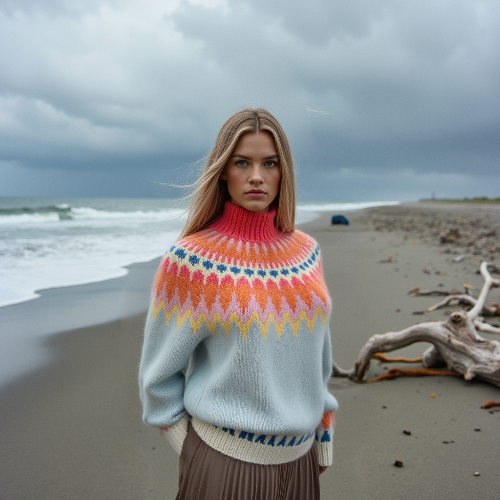 Hand-knitted light blue melange women’s Scandinavian Lopapeysa sweater with a colorful Nordic round yoke in yellow, pink, orange, bright coral, blue, and cream, featuring a coral mockneck ribbed collar, cream ribbed cuffs, and cream ribbed hem, made from soft hypoallergenic baby alpaca and merino wool.