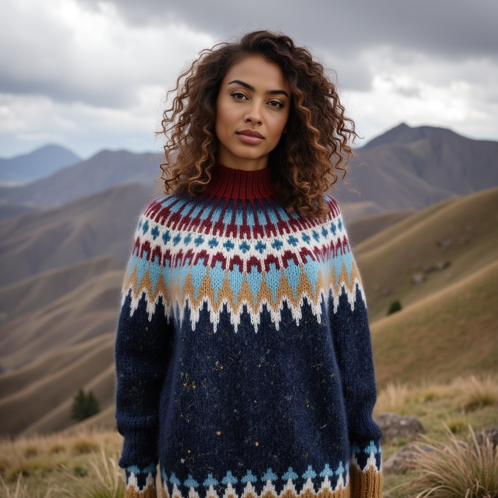 Hand-knitted blue melange women’s Scandinavian Lopapeysa sweater with a colorful Nordic round yoke in ocher, light blue, dark red, blue, and white, featuring a dark red mockneck ribbed collar, ocher ribbed cuffs, and ocher ribbed hem, made from soft hypoallergenic baby alpaca and merino wool.