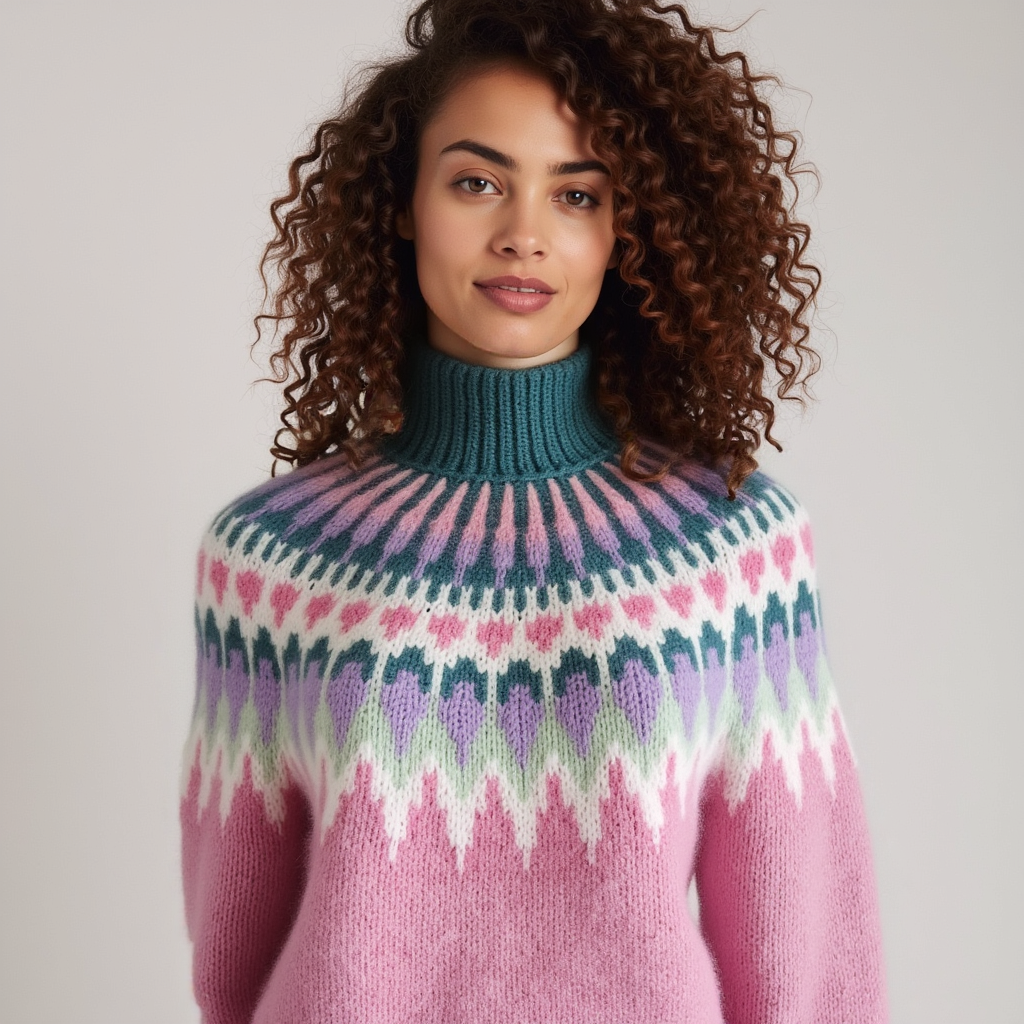 Hand-knitted pink melange women’s Scandinavian Lopapeysa sweater with a colorful Nordic round yoke in mint, lilac, teal, and white, featuring a teal mockneck ribbed collar, mint ribbed cuffs, and mint ribbed hem, made from soft hypoallergenic baby alpaca and merino wool.