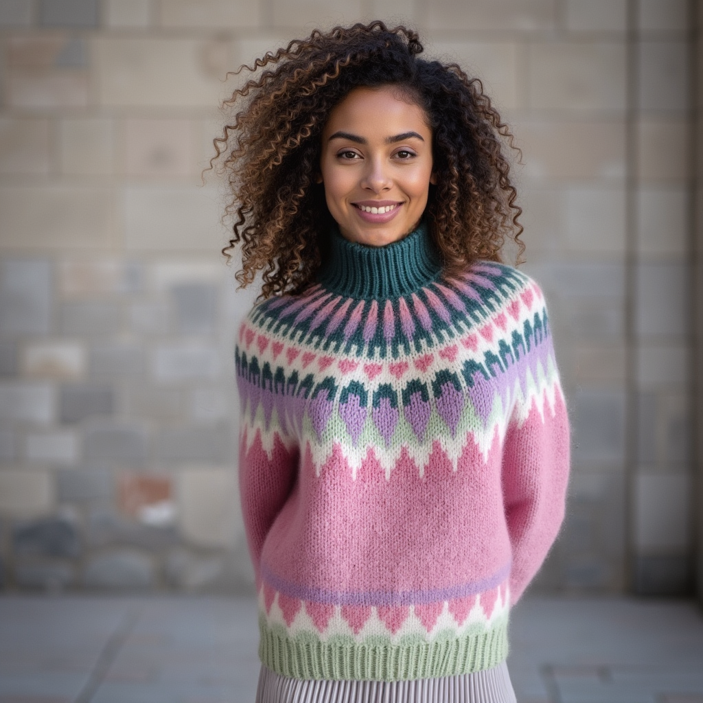 Hand-knitted pink melange women’s Scandinavian Lopapeysa sweater with a colorful Nordic round yoke in mint, lilac, teal, and white, featuring a teal mockneck ribbed collar, mint ribbed cuffs, and mint ribbed hem, made from soft hypoallergenic baby alpaca and merino wool.