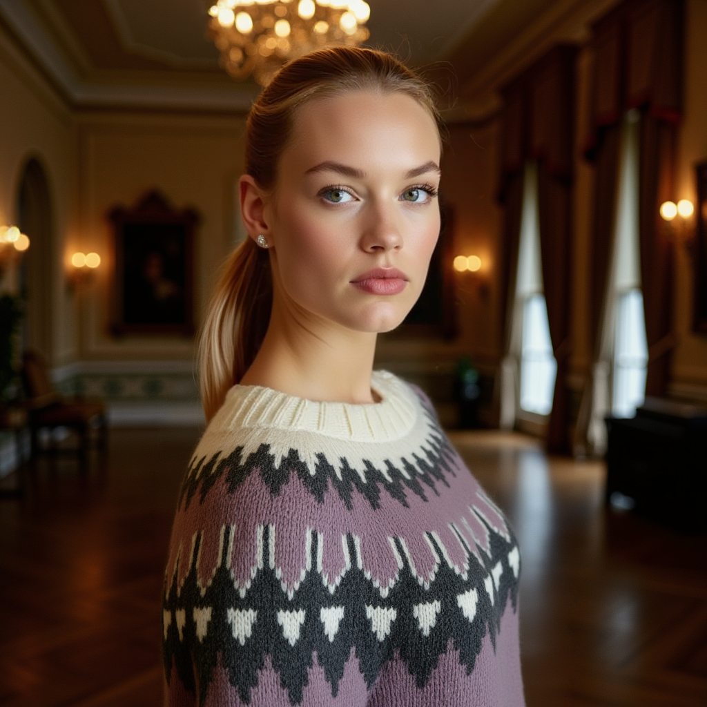 Hand-knitted lilac chunky-knit women’s Scandinavian Lopapeysa sweater with a black and white Nordic round yoke, featuring white ribbed cuffs, round collar, and hem, made from soft hypoallergenic baby alpaca and merino wool.