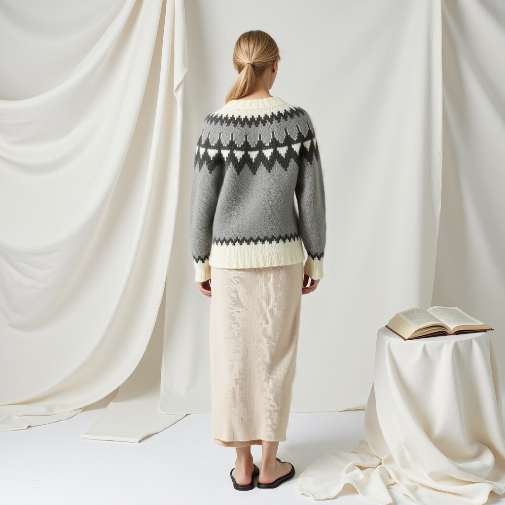 Hand-knitted gray chunky-knit women’s Scandinavian Lopapeysa sweater with a black and white Nordic round yoke, featuring white ribbed cuffs, round collar, and hem, made from soft hypoallergenic baby alpaca and merino wool.