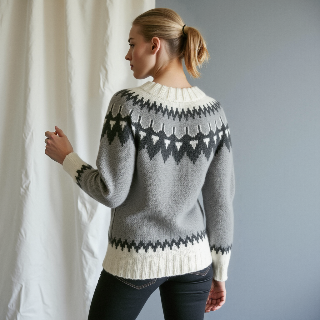 Hand-knitted gray chunky-knit women’s Scandinavian Lopapeysa sweater with a black and white Nordic round yoke, featuring white ribbed cuffs, round collar, and hem, made from soft hypoallergenic baby alpaca and merino wool.