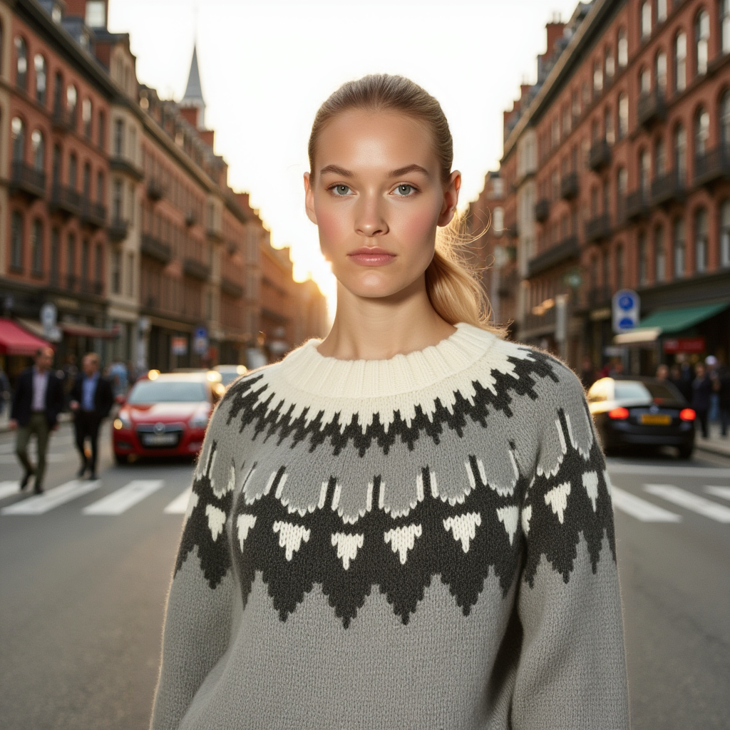 Hand-knitted gray chunky-knit women’s Scandinavian Lopapeysa sweater with a black and white Nordic round yoke, featuring white ribbed cuffs, round collar, and hem, made from soft hypoallergenic baby alpaca and merino wool.