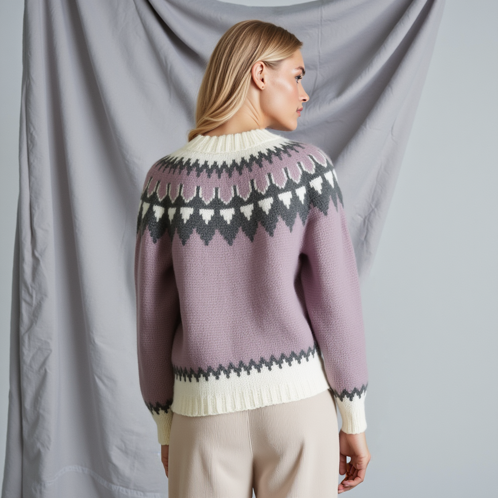 Hand-knitted lilac chunky-knit women’s Scandinavian Lopapeysa sweater with a black and white Nordic round yoke, featuring white ribbed cuffs, round collar, and hem, made from soft hypoallergenic baby alpaca and merino wool.