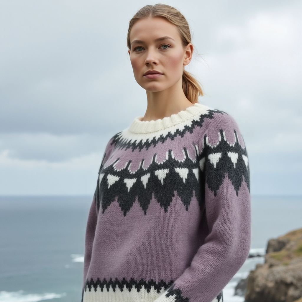 Hand-knitted lilac chunky-knit women’s Scandinavian Lopapeysa sweater with a black and white Nordic round yoke, featuring white ribbed cuffs, round collar, and hem, made from soft hypoallergenic baby alpaca and merino wool.