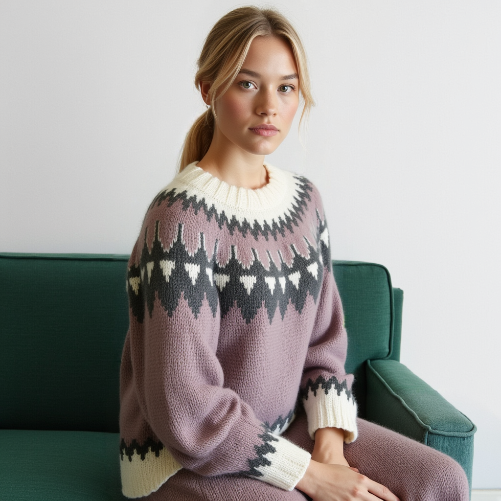 Hand-knitted lilac chunky-knit women’s Scandinavian Lopapeysa sweater with a black and white Nordic round yoke, featuring white ribbed cuffs, round collar, and hem, made from soft hypoallergenic baby alpaca and merino wool.