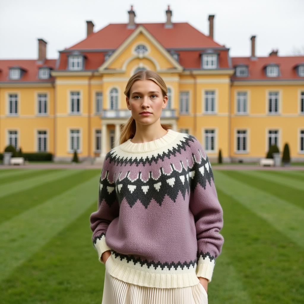 Hand-knitted lilac chunky-knit women’s Scandinavian Lopapeysa sweater with a black and white Nordic round yoke, featuring white ribbed cuffs, round collar, and hem, made from soft hypoallergenic baby alpaca and merino wool.