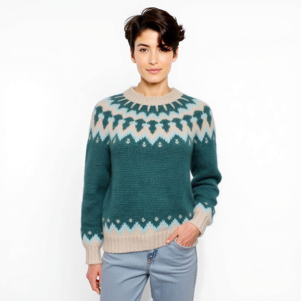 Hand-knitted teal oversized unisex Scandinavian Lopapeysa sweater with a chunky-knit beige and blue Nordic round yoke, featuring a double crew neck, beige ribbed cuffs, and hem, made from soft hypoallergenic baby alpaca and merino wool.