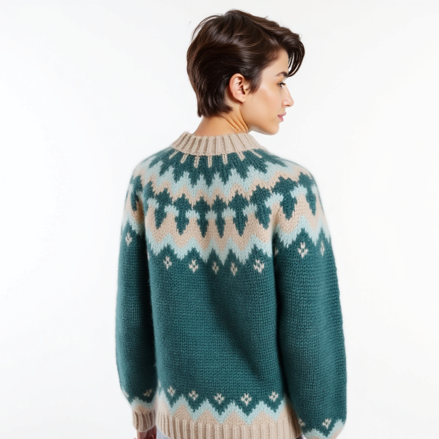 Hand-knitted teal oversized unisex Scandinavian Lopapeysa sweater with a chunky-knit beige and blue Nordic round yoke, featuring a double crew neck, beige ribbed cuffs, and hem, made from soft hypoallergenic baby alpaca and merino wool.