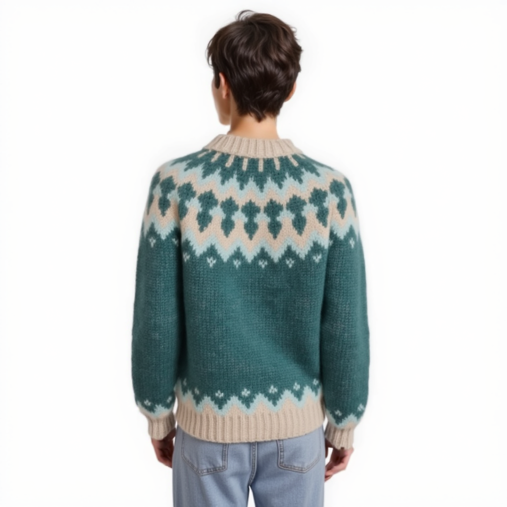 Hand-knitted teal oversized unisex Scandinavian Lopapeysa sweater with a chunky-knit beige and blue Nordic round yoke, featuring a double crew neck, beige ribbed cuffs, and hem, made from soft hypoallergenic baby alpaca and merino wool.