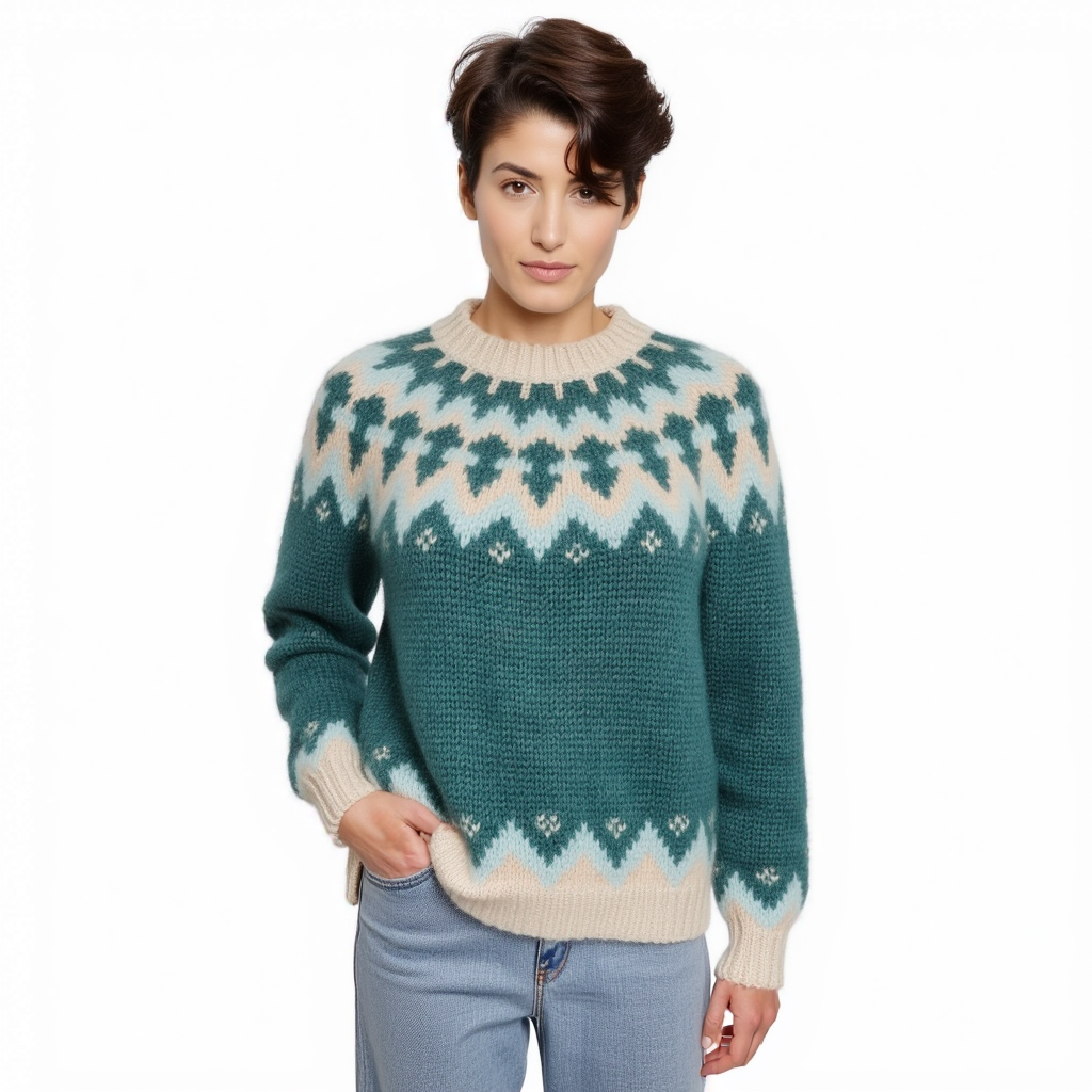 Hand-knitted teal oversized unisex Scandinavian Lopapeysa sweater with a chunky-knit beige and blue Nordic round yoke, featuring a double crew neck, beige ribbed cuffs, and hem, made from soft hypoallergenic baby alpaca and merino wool.