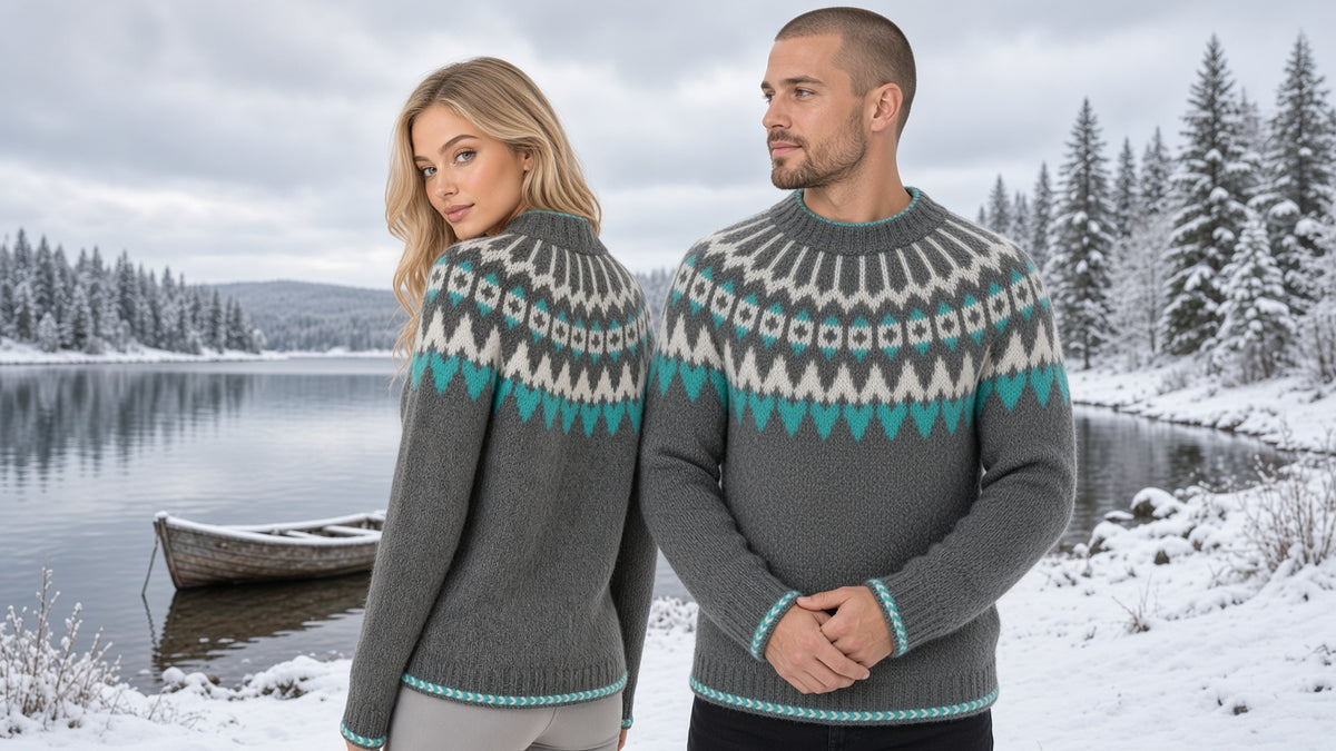 A man and a woman wearing matching gray knit sweaters with a teal and cream geometric Fair Isle pattern, standing in a snowy outdoor lakeside setting.