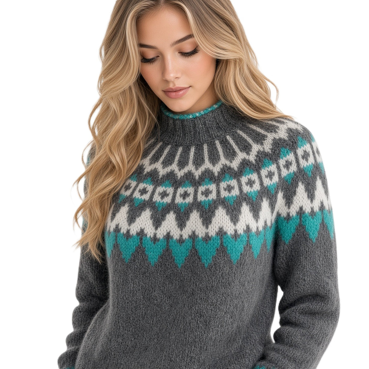 A woman wearing a gray knit sweater with a teal and white Fair Isle pattern across the chest and shoulders, photographed against a clean white background.