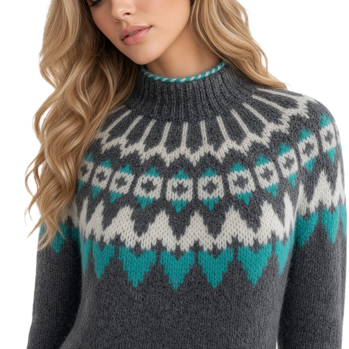 A close-up of a woman wearing a dark gray knit sweater with a white and teal Fair Isle pattern, set against a plain white background.