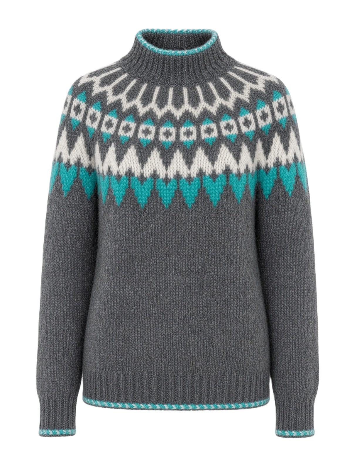 A gray knit sweater with a high mock neck, featuring a white and turquoise Fair Isle pattern across the chest and shoulders, and matching turquoise trim at the collar, cuffs, and hem.