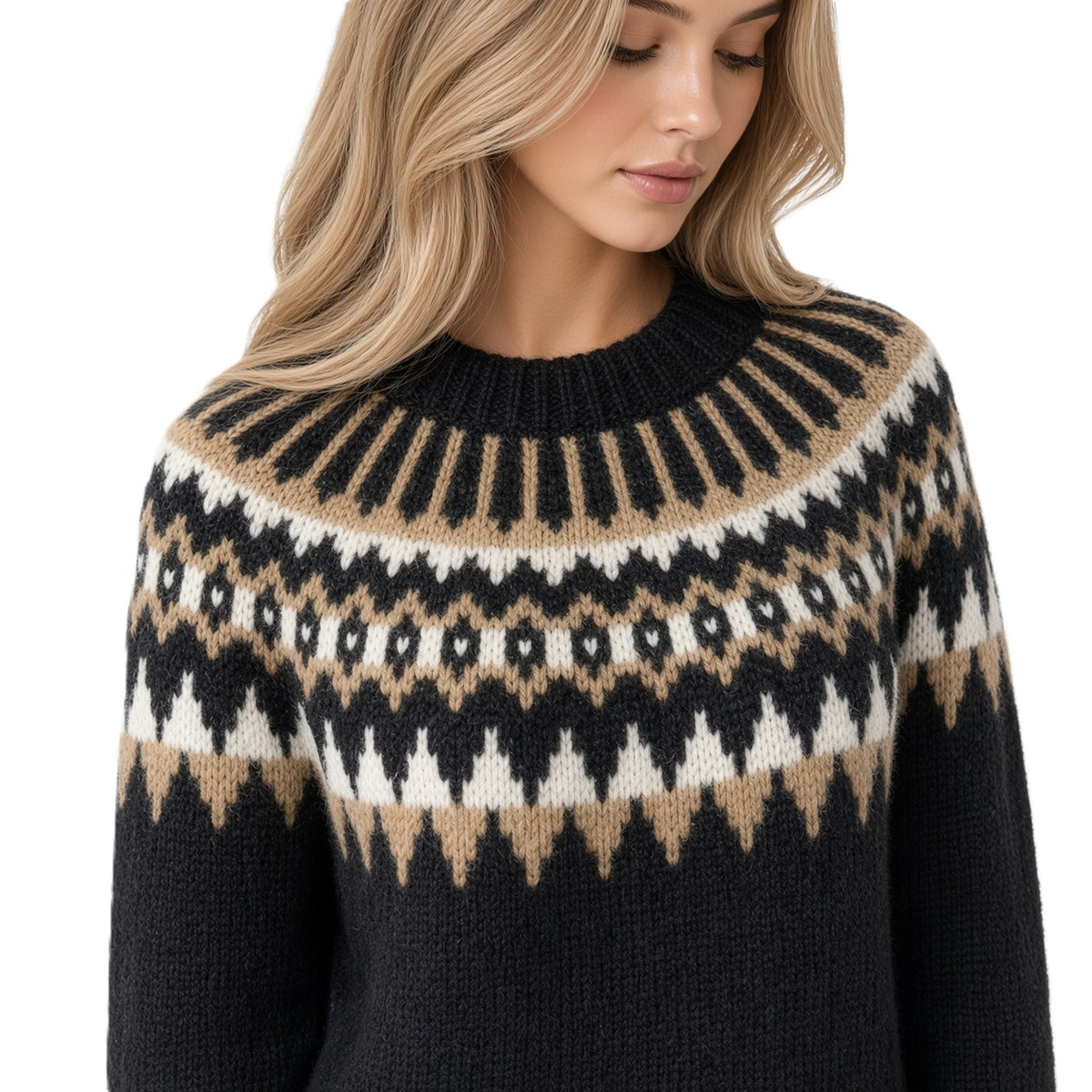 A woman wearing a black knit sweater with a beige and cream Fair Isle pattern across the chest and shoulders, shown against a plain white background.