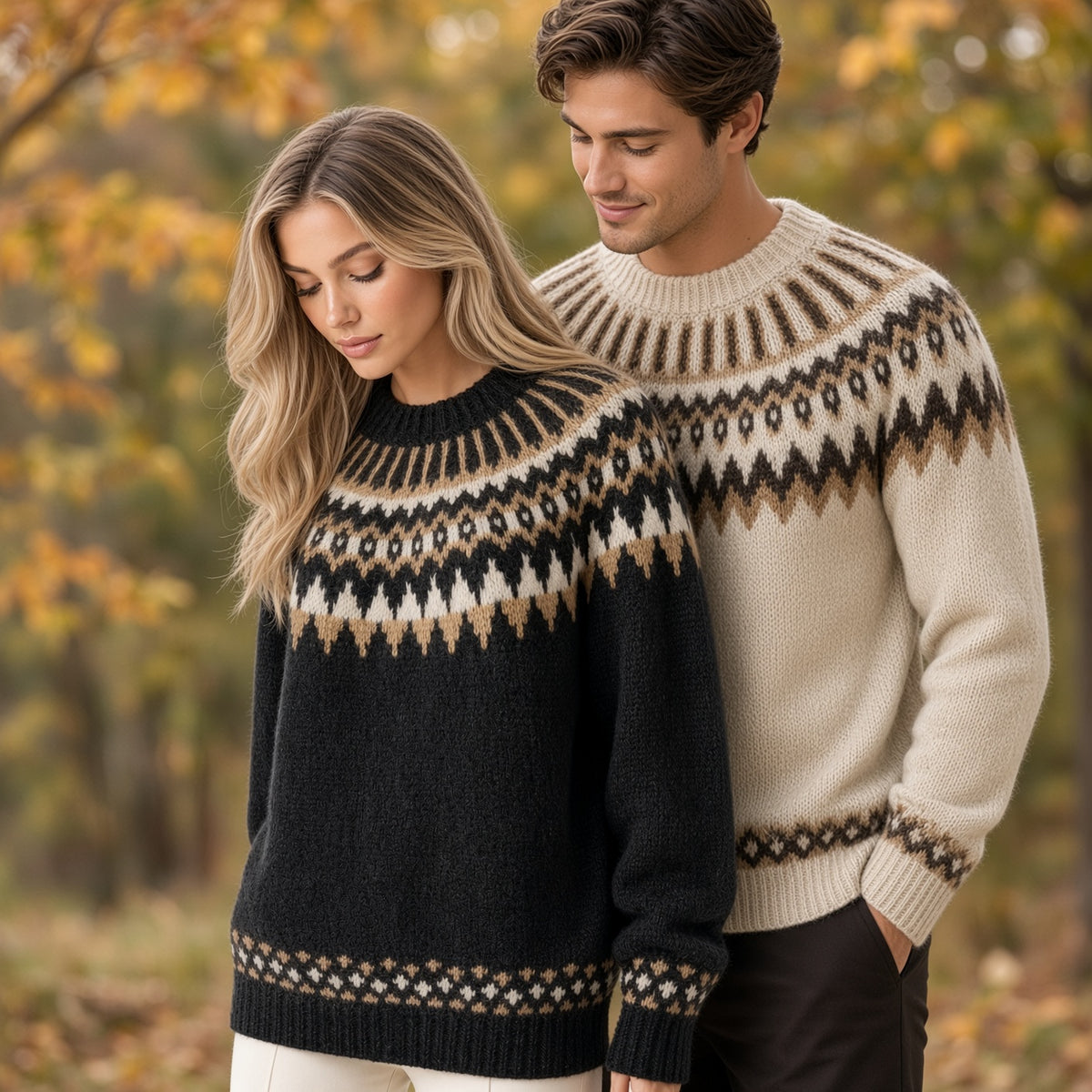 Two models wearing knit crewneck sweaters with geometric Fair Isle patterns, standing outdoors in an autumn forest setting. The model on the left wears a dark charcoal sweater with beige and brown patterns, while the model on the right wears a cream sweater with brown and black patterns.
