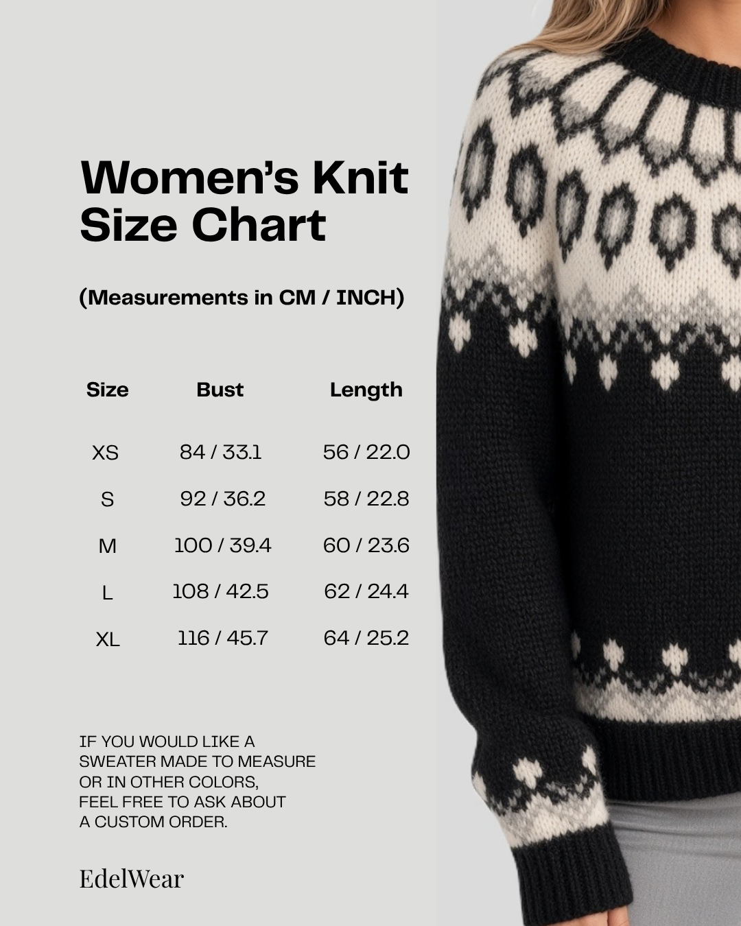 A women's knit sweater size chart graphic with a model wearing a black and cream patterned sweater on the right side. The left side contains a size table from XS to XL with bust and length measurements in CM and INCH, plus the brand name EdelWear at the bottom.