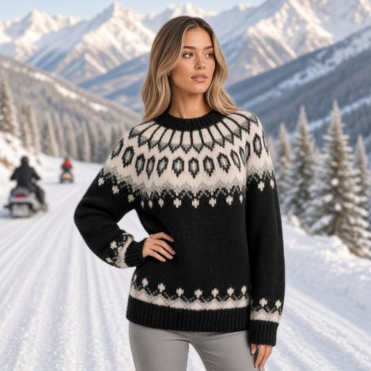 A woman modeling a black knit sweater with a cream Fair Isle pattern across the chest, shoulders, and hem, paired with light gray pants against a snowy mountainous winter landscape