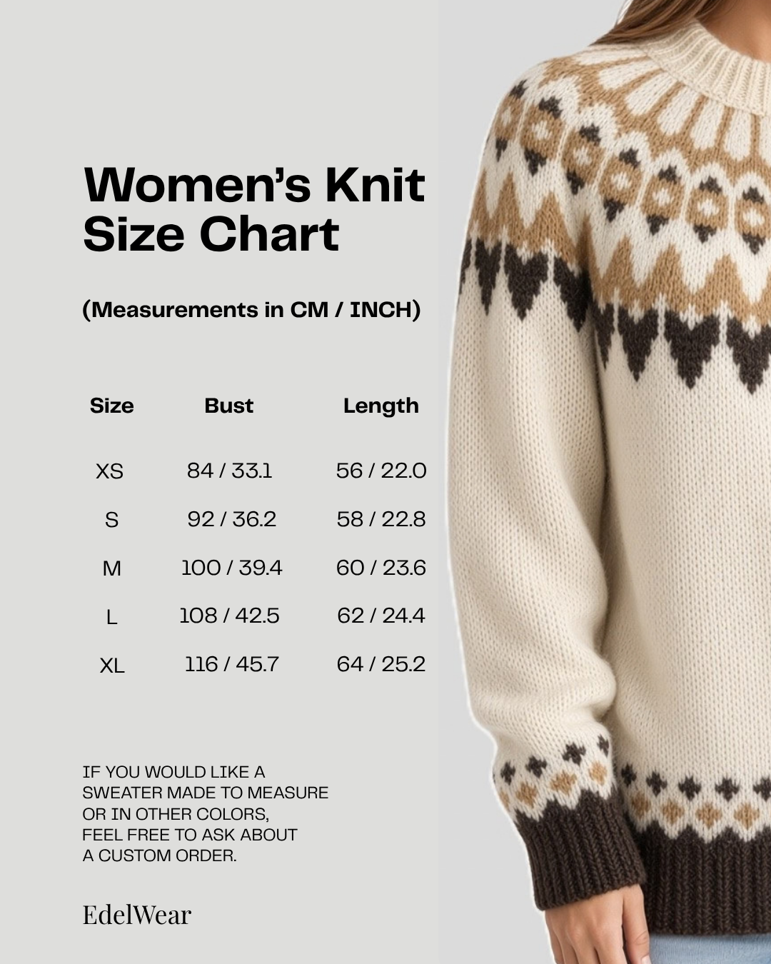 A women's knit sweater size chart graphic with a model wearing a cream, tan, and dark brown Fair Isle patterned sweater on the right side. The left side contains a size table from XS to XL with bust and length measurements in CM and INCH, plus the brand name EdelWear at the bottom.