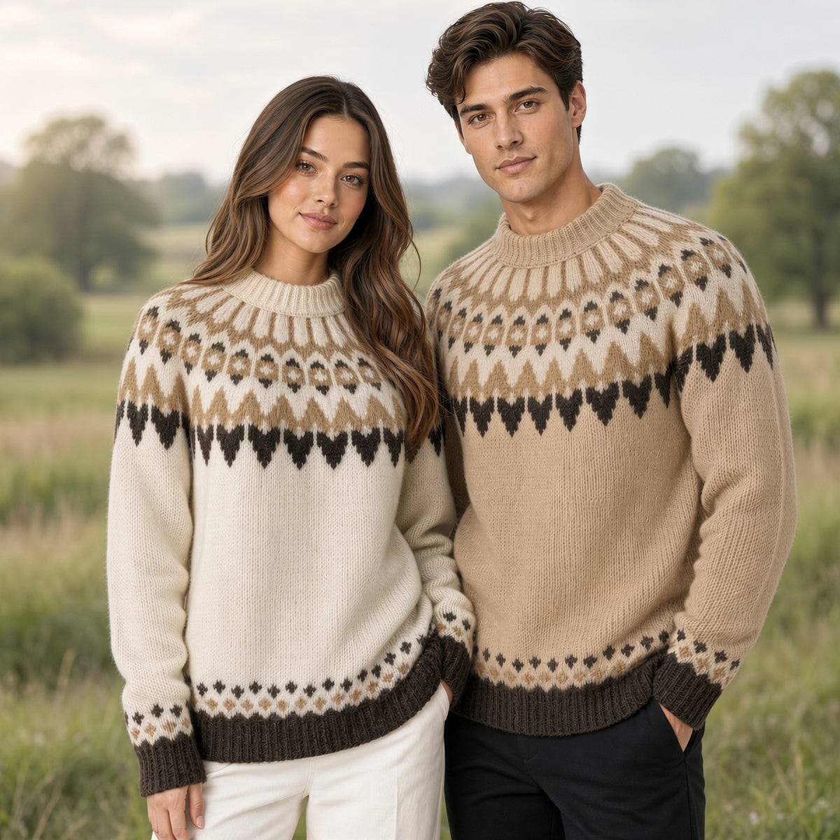 A man and a woman standing outdoors in a grassy field, both wearing matching beige knit crewneck sweaters with a dark brown and cream Fair Isle pattern across the chest, shoulders, and cuffs.