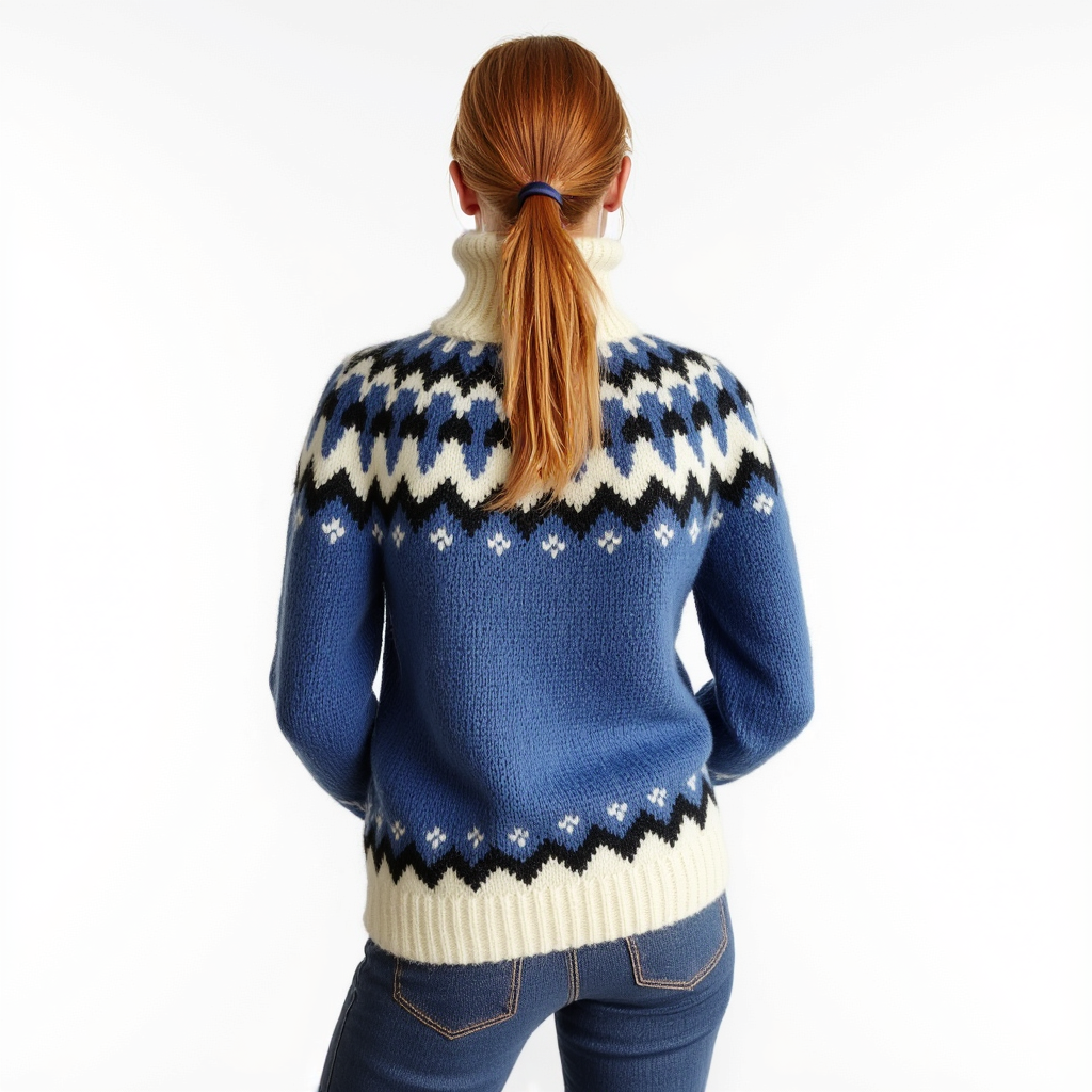 Hand-knitted blue oversized unisex Scandinavian Lopapeysa sweater with a chunky-knit white and navy Nordic round yoke, featuring a double crew neck, white ribbed cuffs, and hem, made from soft hypoallergenic baby alpaca and merino wool.
