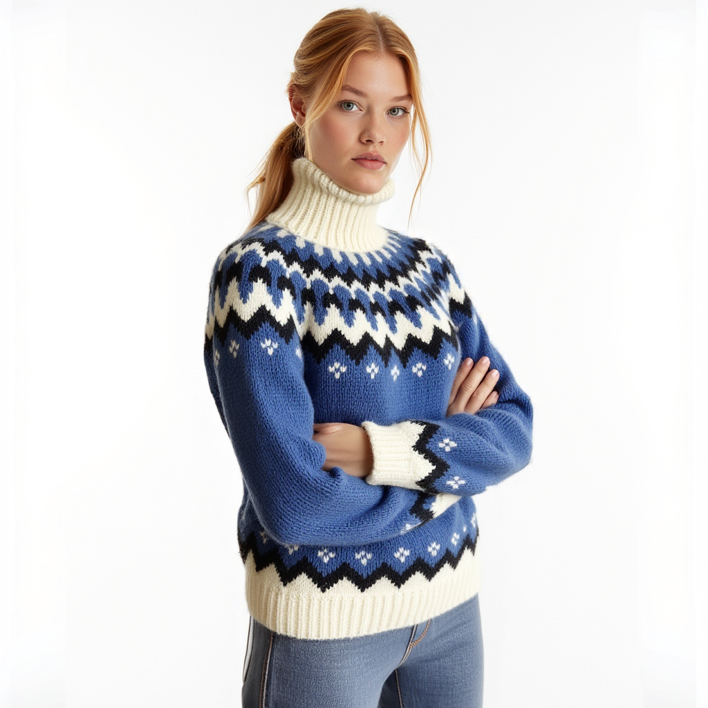 Hand-knitted blue oversized unisex Scandinavian Lopapeysa sweater with a chunky-knit white and navy Nordic round yoke, featuring a double crew neck, white ribbed cuffs, and hem, made from soft hypoallergenic baby alpaca and merino wool.