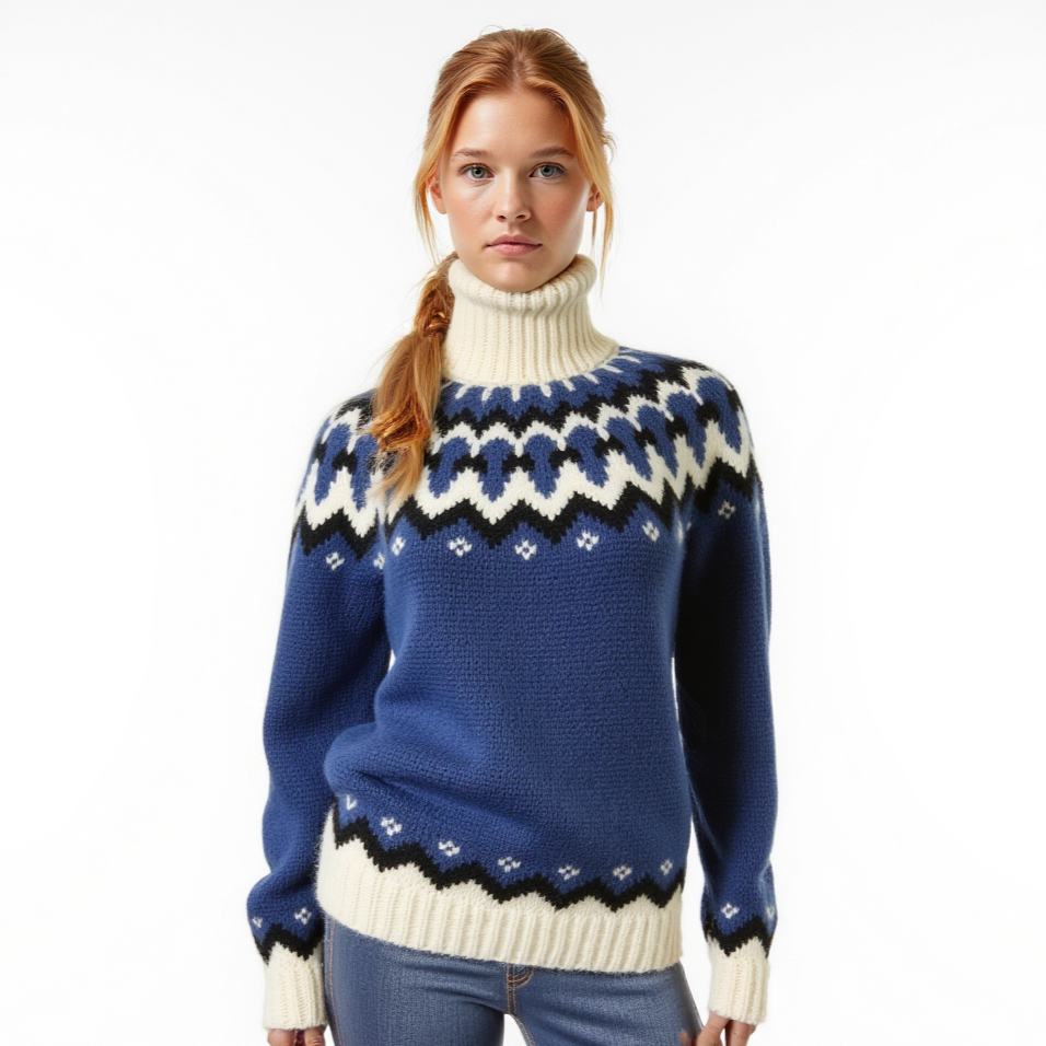 Hand-knitted blue oversized unisex Scandinavian Lopapeysa sweater with a chunky-knit white and navy Nordic round yoke, featuring a double crew neck, white ribbed cuffs, and hem, made from soft hypoallergenic baby alpaca and merino wool.