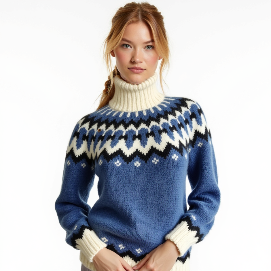 Hand-knitted blue oversized unisex Scandinavian Lopapeysa sweater with a chunky-knit white and navy Nordic round yoke, featuring a double crew neck, white ribbed cuffs, and hem, made from soft hypoallergenic baby alpaca and merino wool.