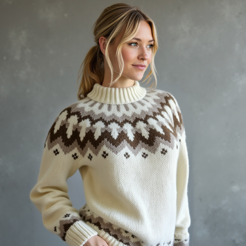 Hand-knitted white oversized unisex Scandinavian Lopapeysa sweater with a chunky-knit brown and beige Nordic round yoke, featuring a double crew neck, white ribbed cuffs, and hem, made from soft hypoallergenic baby alpaca and merino wool.