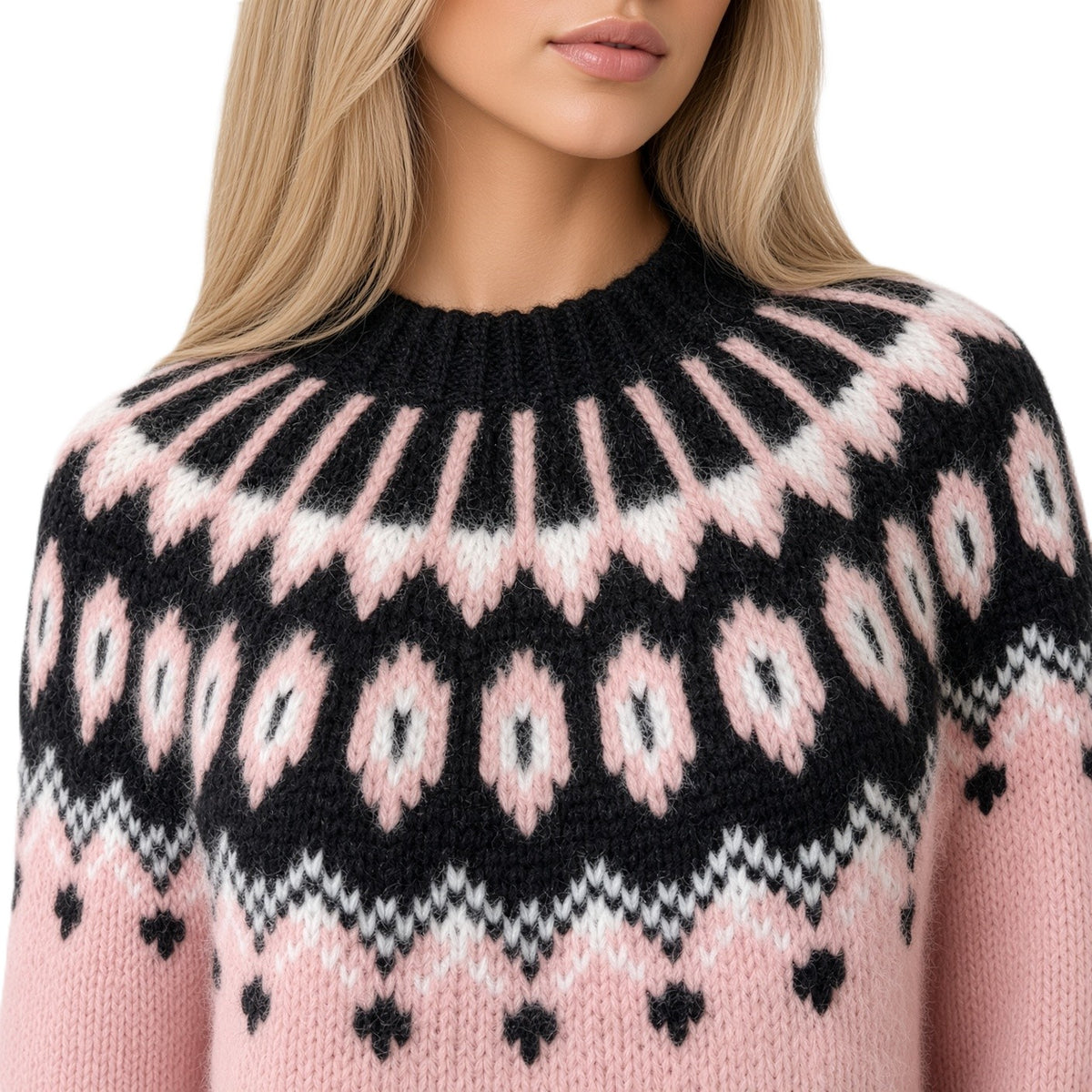A close-up of a woman wearing a knit sweater with a Fair Isle pattern in black, light pink, and white. The sweater features a ribbed crew neck and long sleeves, shown against a plain white background.