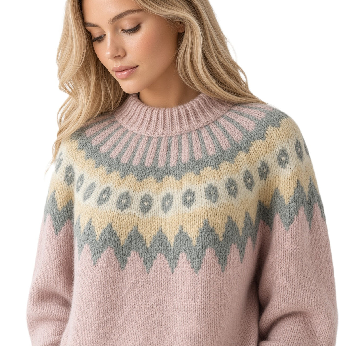 A woman wearing a soft knit sweater with a Fair Isle pattern in dusty pink, beige, and gray, shown from the chest up against a clean white background.
