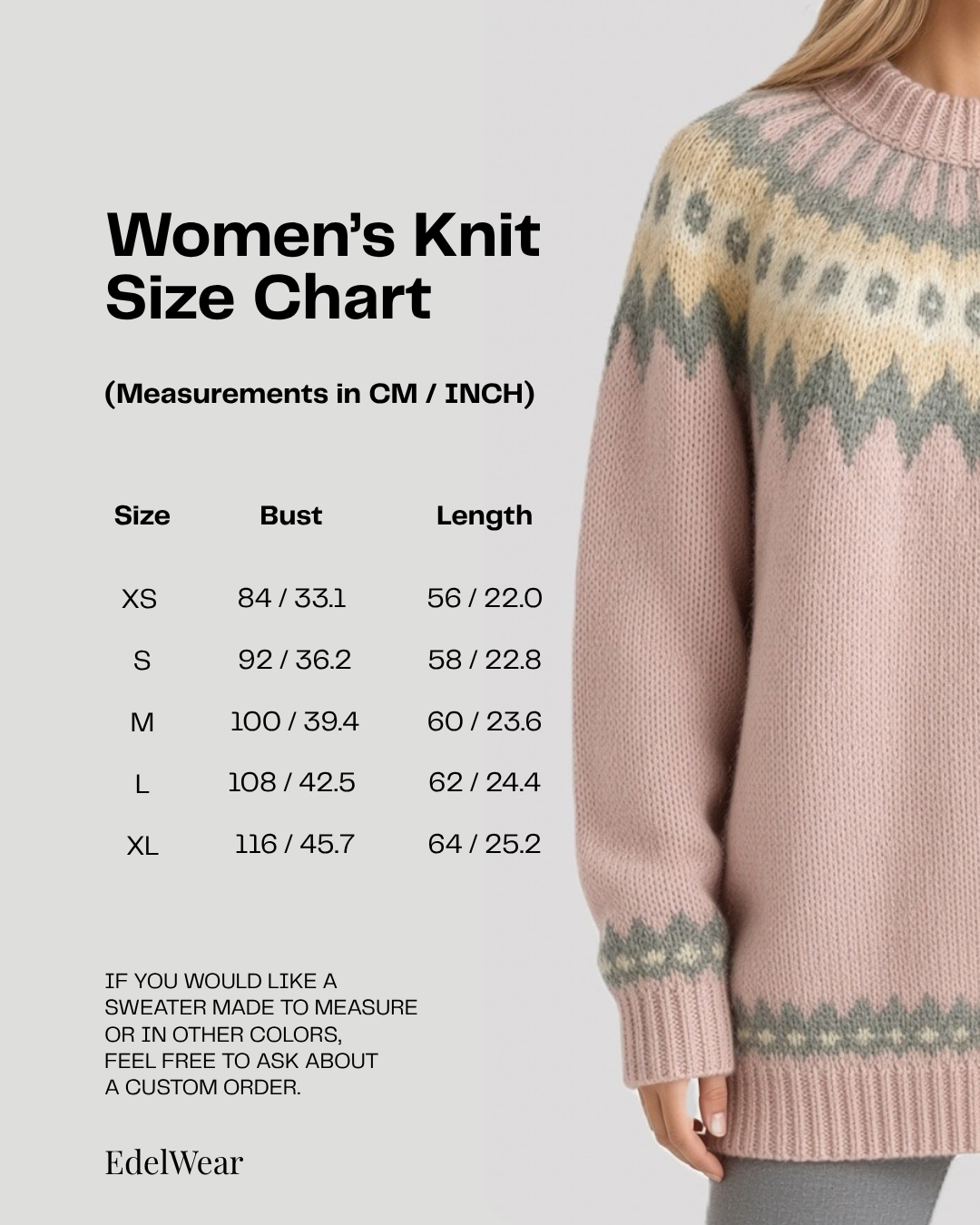 A women's knit sweater size chart graphic with a model wearing a pale pink Fair Isle knit sweater on the right side. The left side contains sizing information from XS to XL with bust and length measurements in CM and INCH, plus the brand name EdelWear at the bottom.